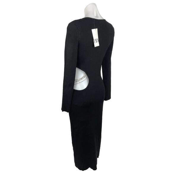 NEW Zara Black Cutout Waist Gold Chain Long Sleeve Midi Sweater Bodycon Dress L - Picture 5 of 9